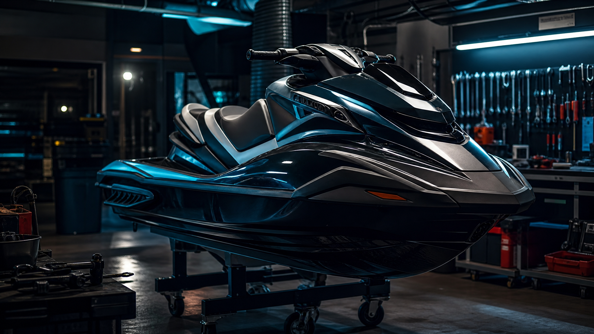 Stylised jet ski in a servicing bay